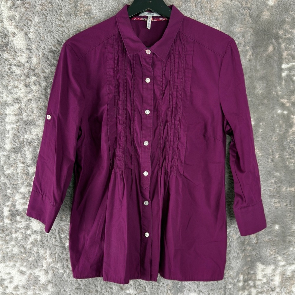 GH Bass & Co Size L Pleated Casual Button Top Purple Long Sleeve Collar